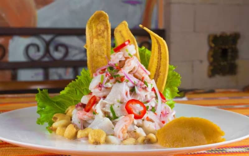 Fish ceviche with cancha and sweet potato, the most famous typical dish of the Peruvian coast