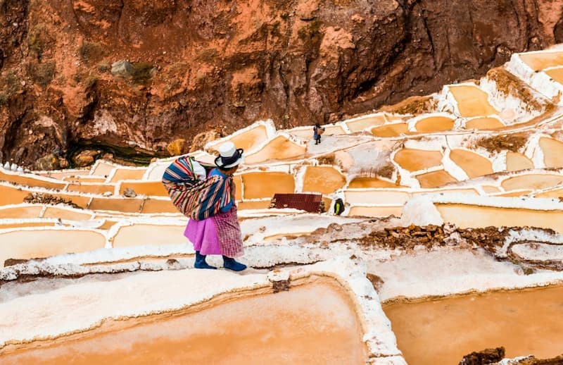 Maras Salt Mines with their salt pools terraced on the hillside, a Sacred Valley of the Incas attraction