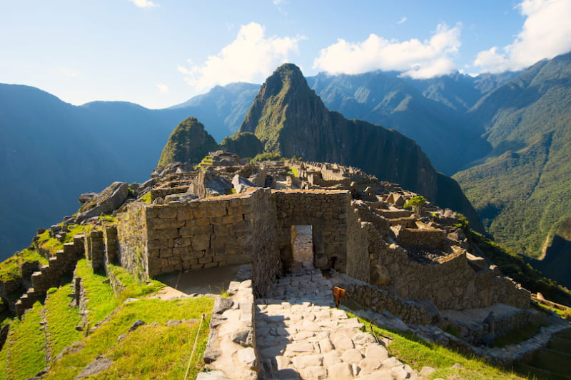 View of the stone structures and terraces of Machu Picchu with Huayna Picchu in the background, part of Circuit 1.