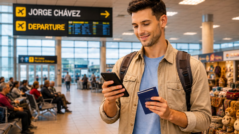Turista usando celular e passaporte para solicitar devolução do IGV no Aeroporto Internacional Jorge Chávez de Lima