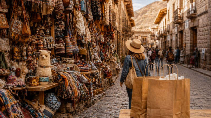 Turista comprando artesanato em uma rua de paralelepípedos do centro histórico de Cusco