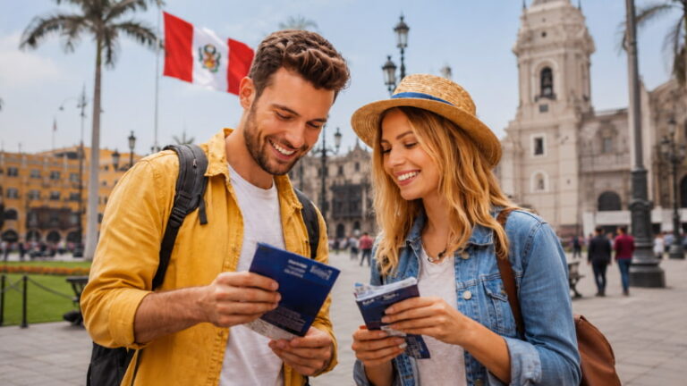 Pareja de turistas extranjeros revisando documentos en la Plaza Mayor de Lima con bandera peruana 
