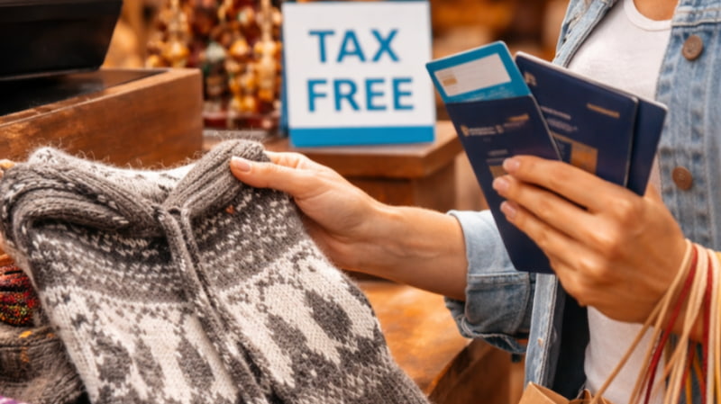 Turista presentando pasaporte y tarjeta en establecimiento autorizado con cartel tax free Perú 