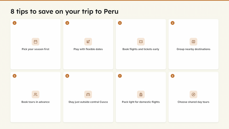 Infographic with 8 tips for saving money when traveling to Peru during the low season