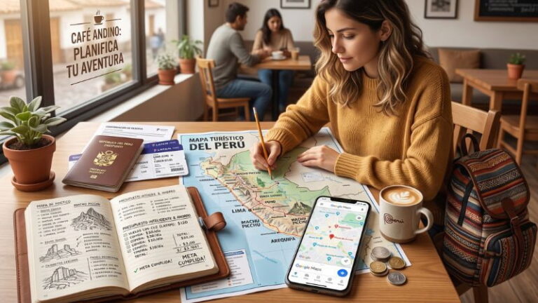 viajera planificando cuándo es más barato viajar a Perú con un mapa turístico, pasaporte, presupuesto de viaje y celular en un café