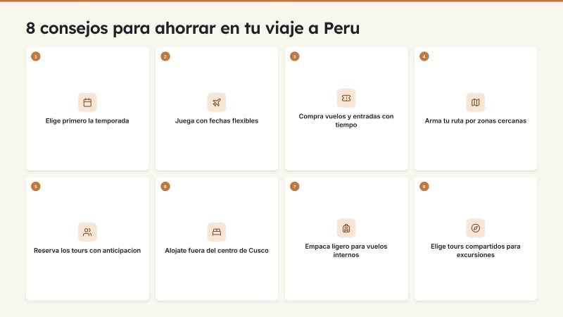 Infografía con 8 consejos para ahorrar al viajar a Perú en temporada baja
