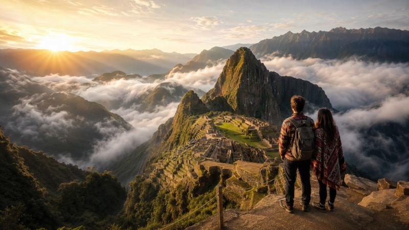 casal de viajantes contemplando Machu Picchu entre nuvens ao amanhecer durante sua viagem ao Peru