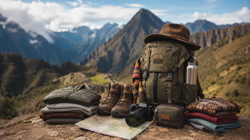 bagagem recomendada para organizar uma viagem ao Peru: mochila, botas, roupas em camadas e mapa com montanhas andinas ao fundo