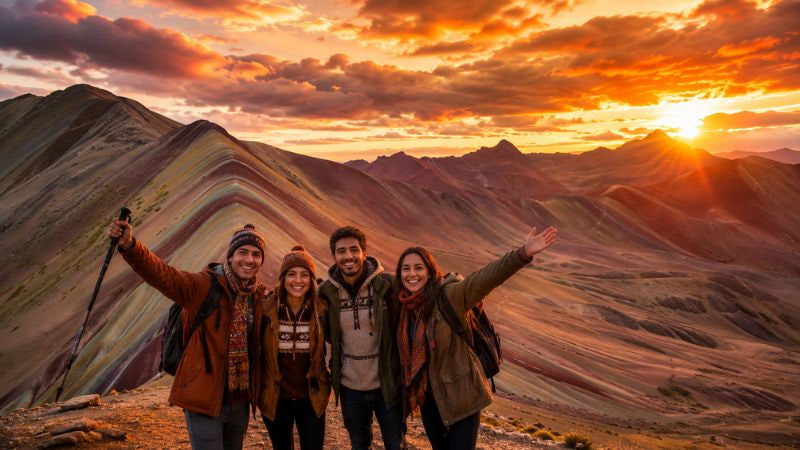 grupo de viajantes comemorando na Montanha de Cores em Cusco ao entardecer durante um tour pelo Peru