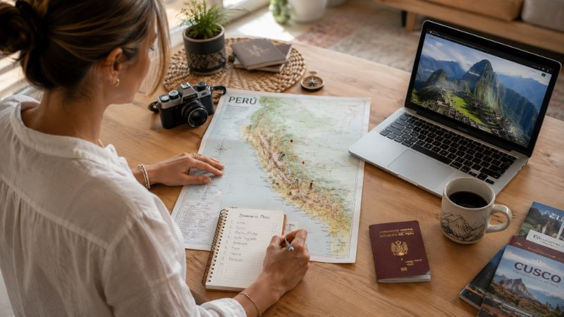 woman organizing a trip to Peru with a map, written itinerary, passport, and laptop showing Machu Picchu on screen