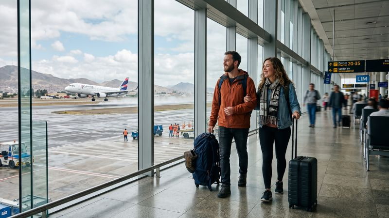 Casal de viajantes com mochilas no aeroporto de Lima prontos para viajar ao Peru na baixa temporada