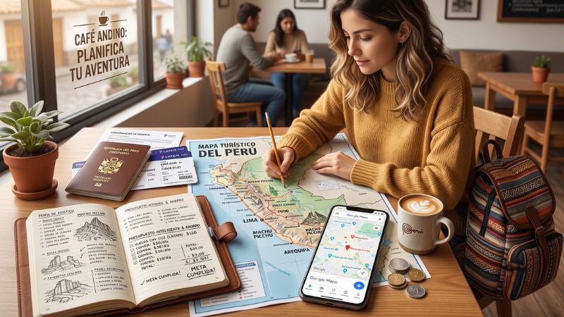 viajante planejando quando é mais barato viajar para o Peru com um mapa turístico, passaporte, orçamento de viagem e celular em um café