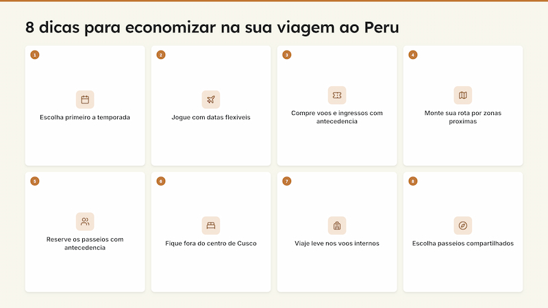 Infográfico com 8 dicas para economizar ao viajar para o Peru na baixa temporada