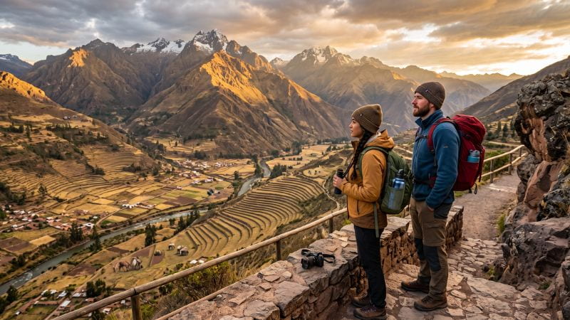 Viajantes contemplando o Vale Sagrado dos Incas com paisagens verdes, típicas da baixa temporada no Peru