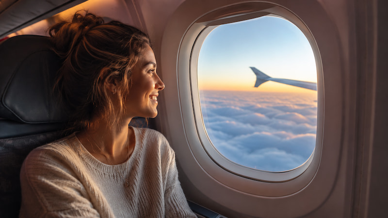 Solo female traveler looking out the plane window on her way to Peru at sunset