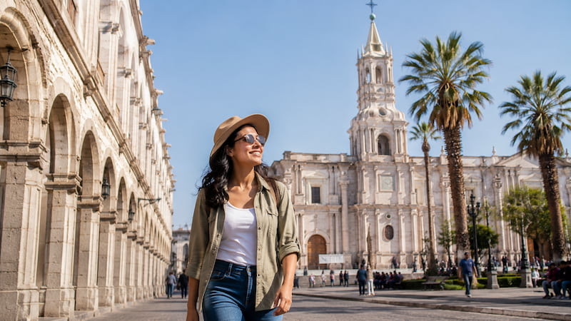 Viajera sola recorriendo el centro histórico de Arequipa junto a la Plaza de Armas