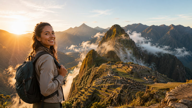 Viajera sola contemplando el amanecer sobre la ciudadela de Machu Picchu, Cusco