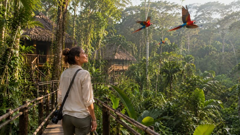 Viajera sola observando guacamayos en un lodge de la Amazonía en Tambopata, Perú