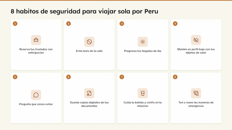 Infografía con los 8 hábitos de seguridad para viajar sola por Perú