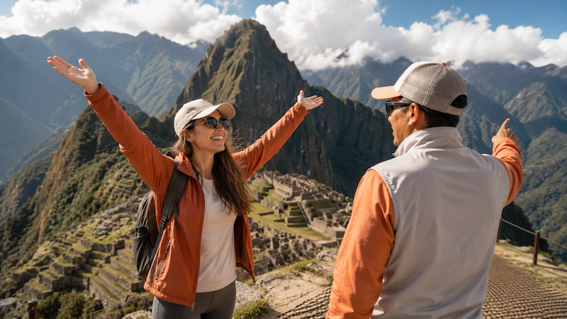 Viajera sola con guía oficial de Guru Explorers explorando Machu Picchu en Cusco