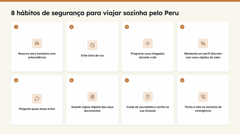 Infográfico com os 8 hábitos de segurança para viajar sozinha pelo Peru
